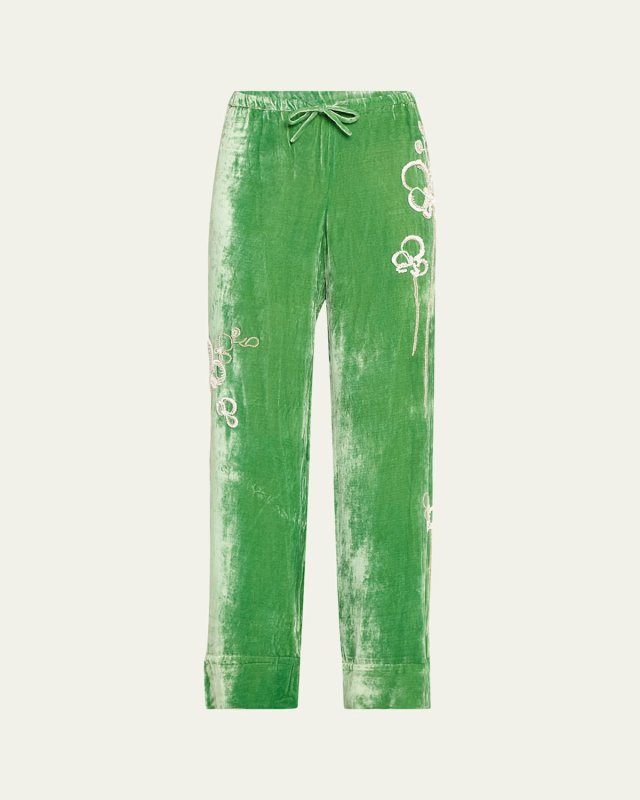 Flower Embroidered Drawstring Velvet Pants